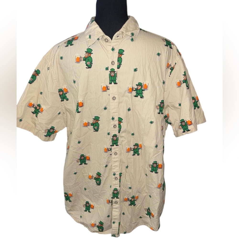 St Patricks Day Leprechaun Lucky Denim & Flower Button Shirt Men’s Sz XL